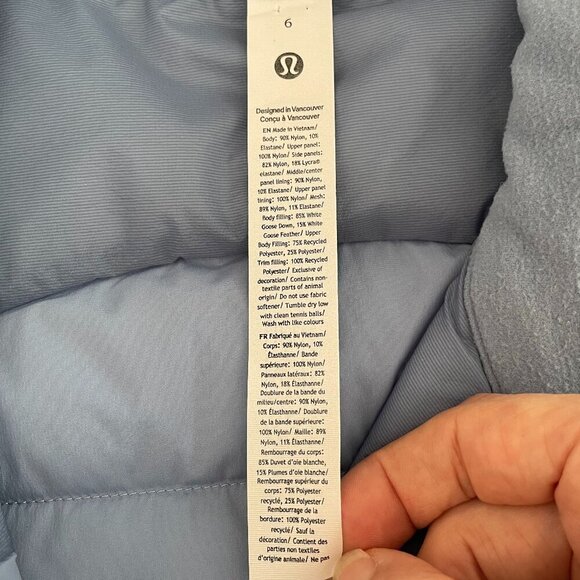 Lululemon Down For It All White Goose Down Fill Full Zip Running Vest Blue Sz 6 - Picture 9 of 15